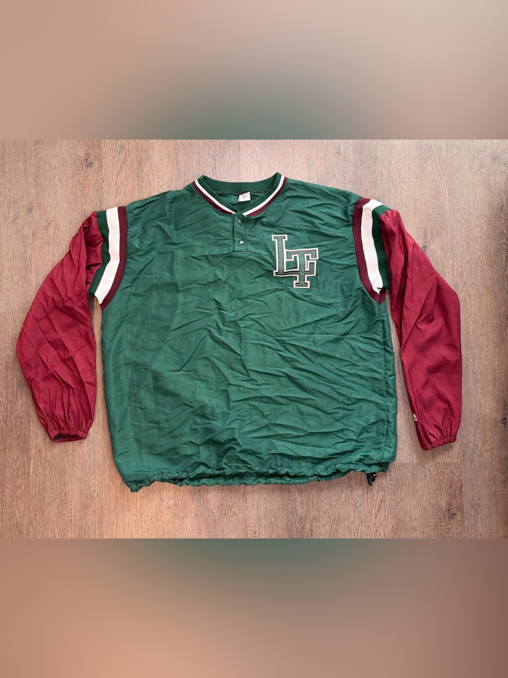 Vintage DeLONG Mens 2XL Green Maroon Snap Pullover Windbreaker USA Jacket Y2K